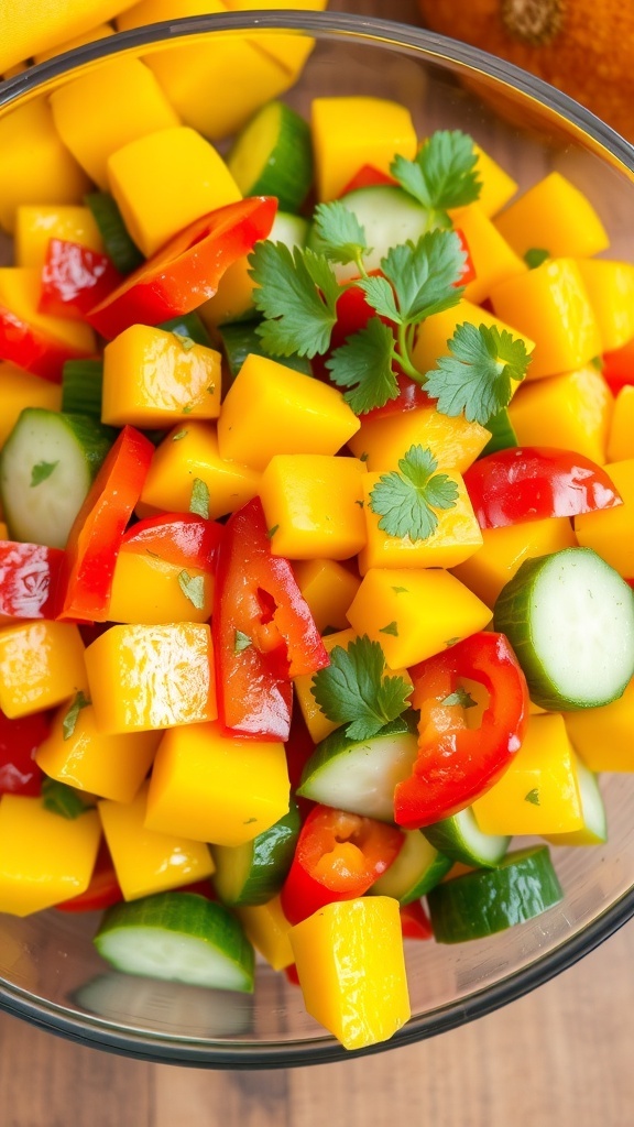 Refreshing Mango Salad Recipe A colorful mango salad with diced mango, bell pepper, cucumber, and cilantro in a clear bowl on a wooden table.